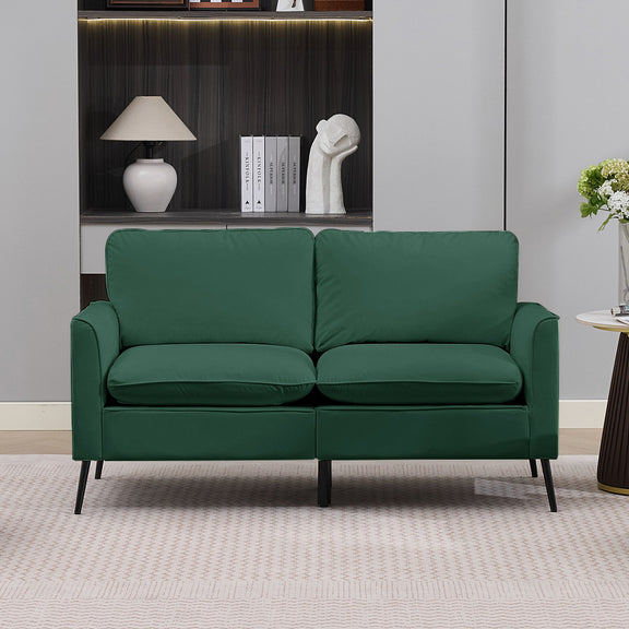 Green upholstered loveseat sofa with two back cushions and padded seat sections