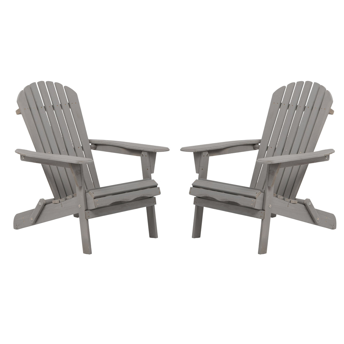 Gray folding Adirondack chair pair with slatted backs and armrests, front view