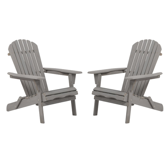 Gray folding Adirondack chair pair with slatted backs and armrests, front view