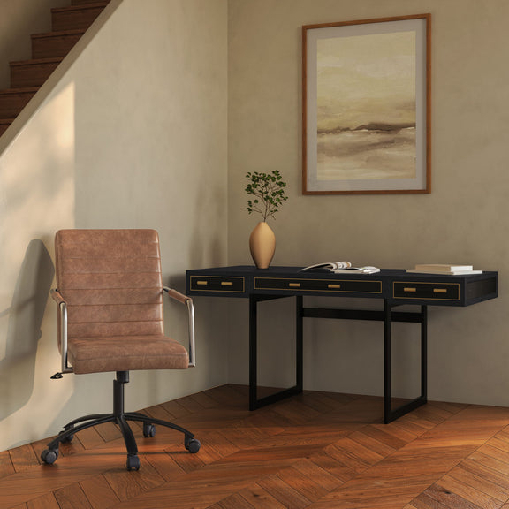 Brown leather office chair with tufted seat, padded back, and rolling caster wheels