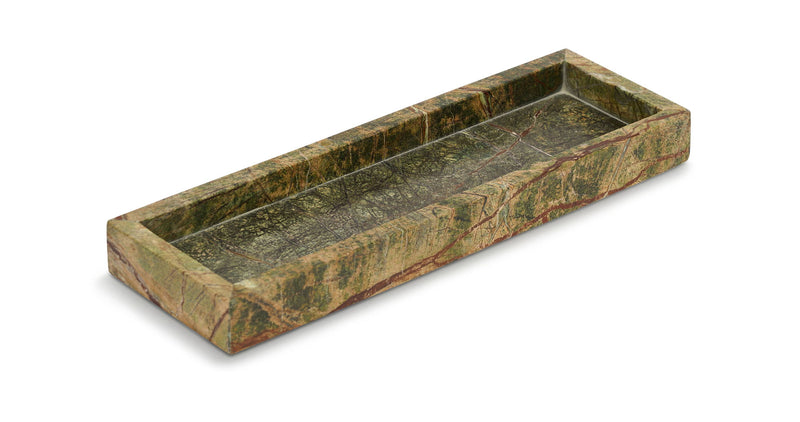 Rectangular green marble tray with mottled veining and raised sides.
