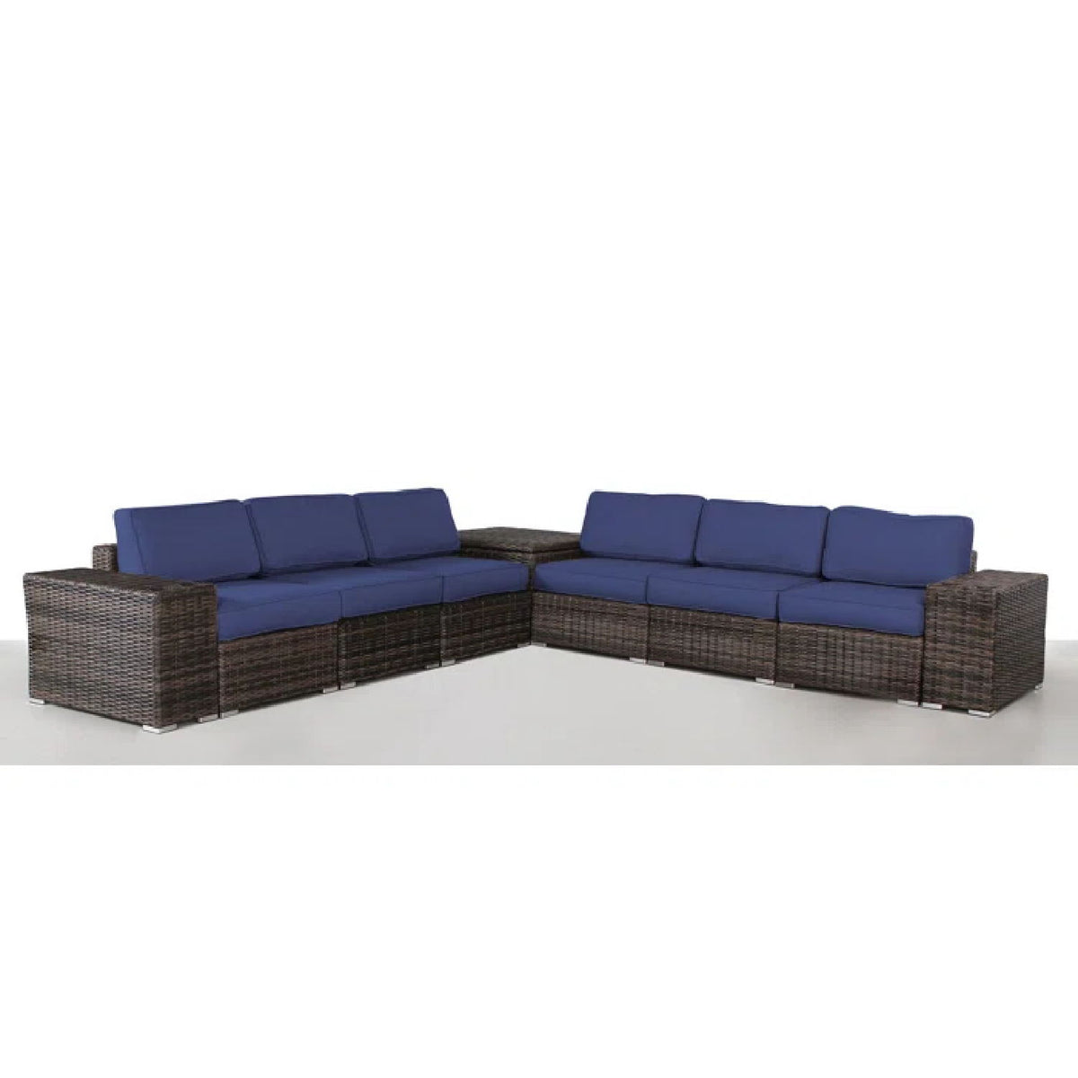 Outdoor rattan wicker corner seating group with blue seat cushions, dark frame