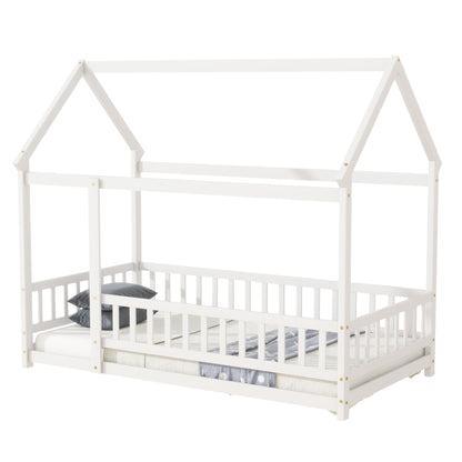 White twin house-style wooden bed frame with roof posts and safety guardrails