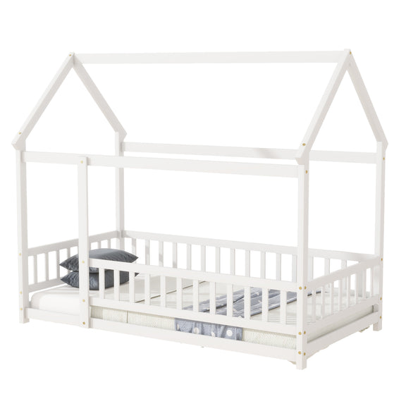 White twin house-style wooden bed frame with roof posts and safety guardrails