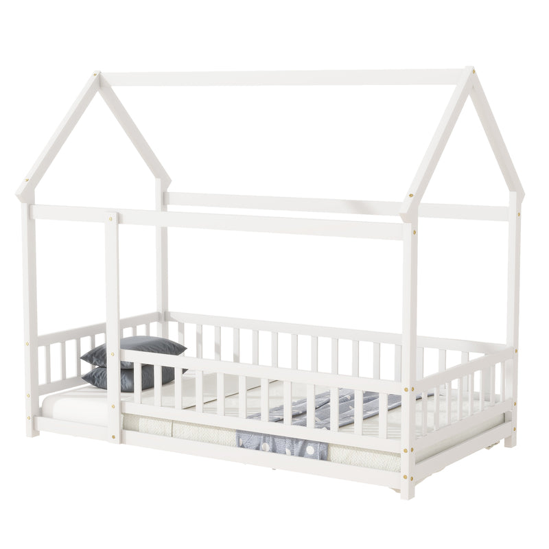 White twin house-style wooden bed frame with roof posts and safety guardrails