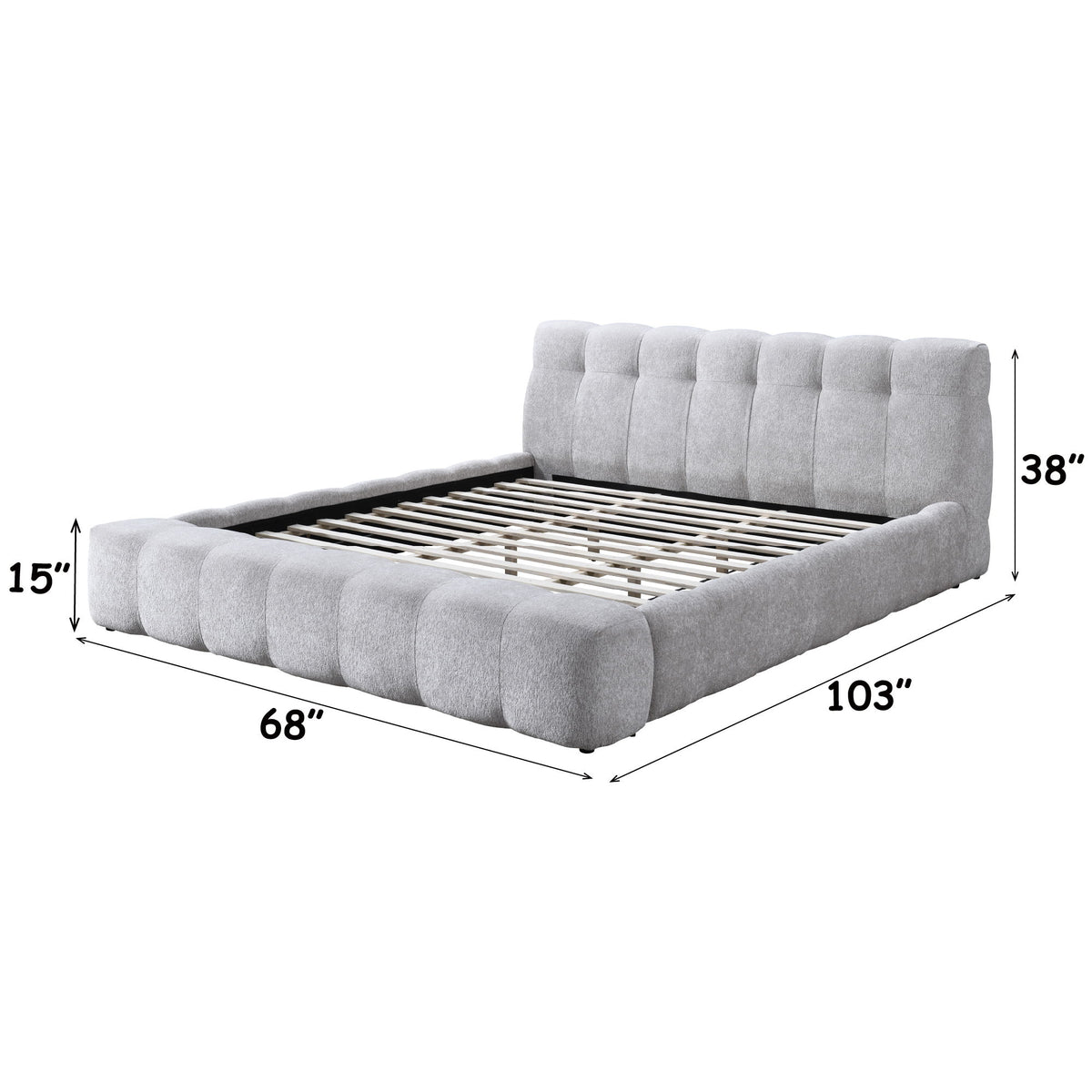 Gray queen bed with tufted headboard; 68"W x 103"L x 38"H