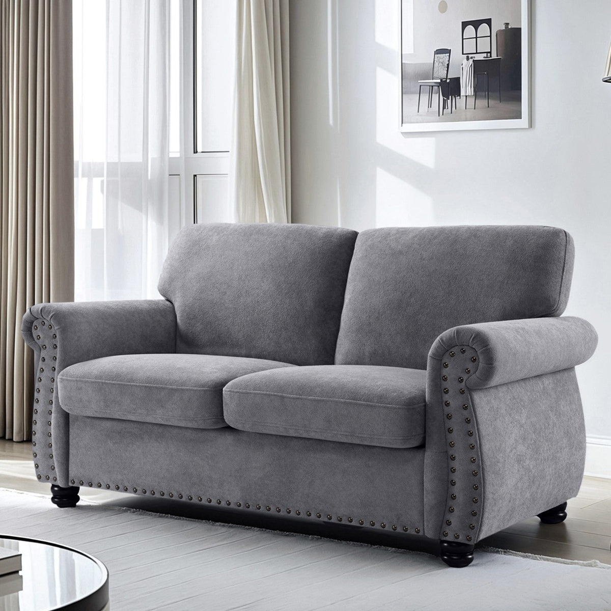 Soft Loveseat, Upholstered 2 Seater Couch, Loose Back Cushions And Turned Legs