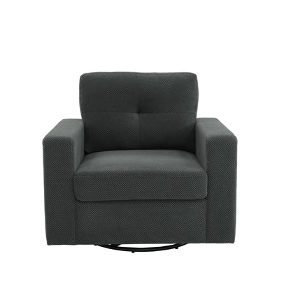 Dark gray upholstered single sofa chair with high back and wide armrests