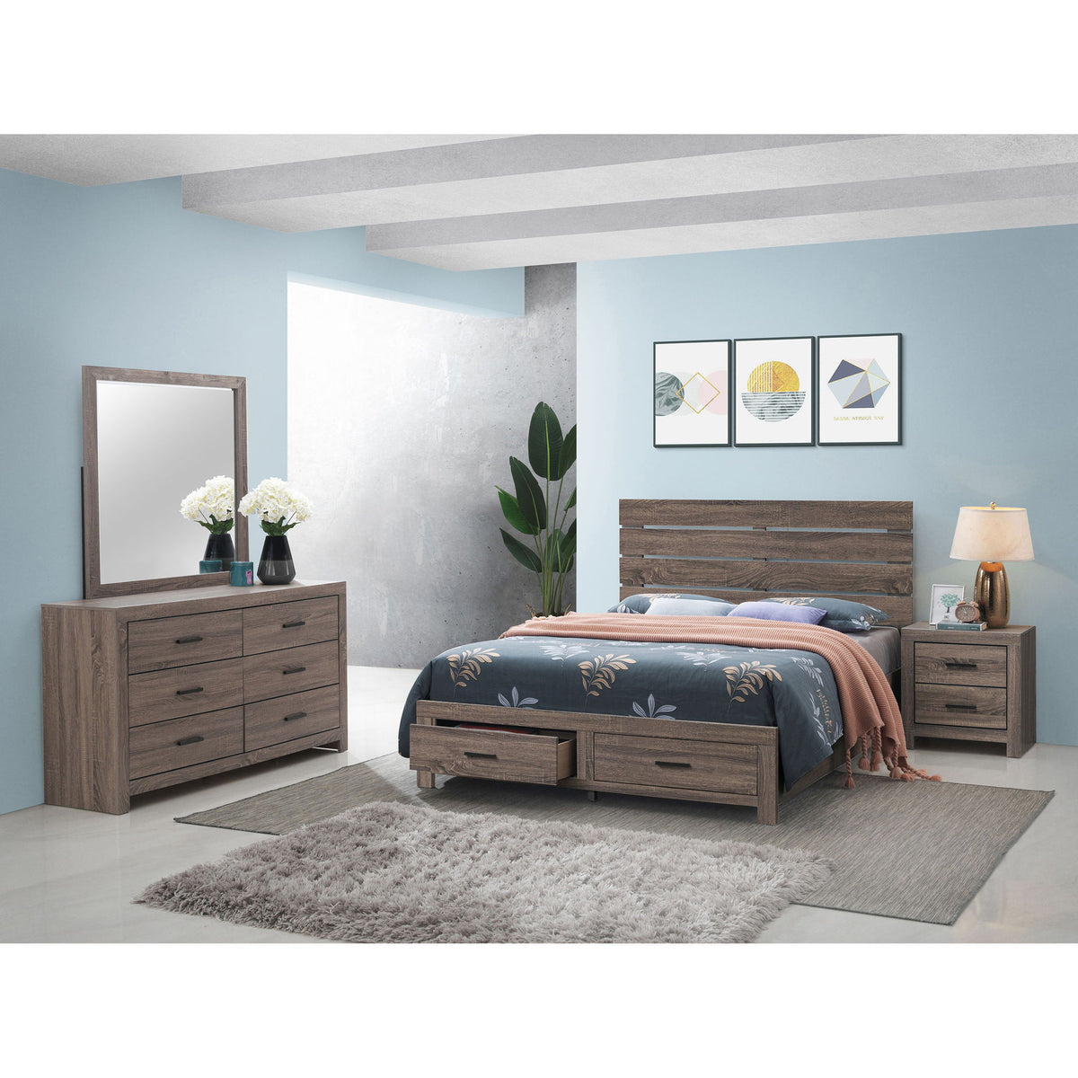 Bedroom set with dark brown platform bed, dresser, nightstand, and wall mirror