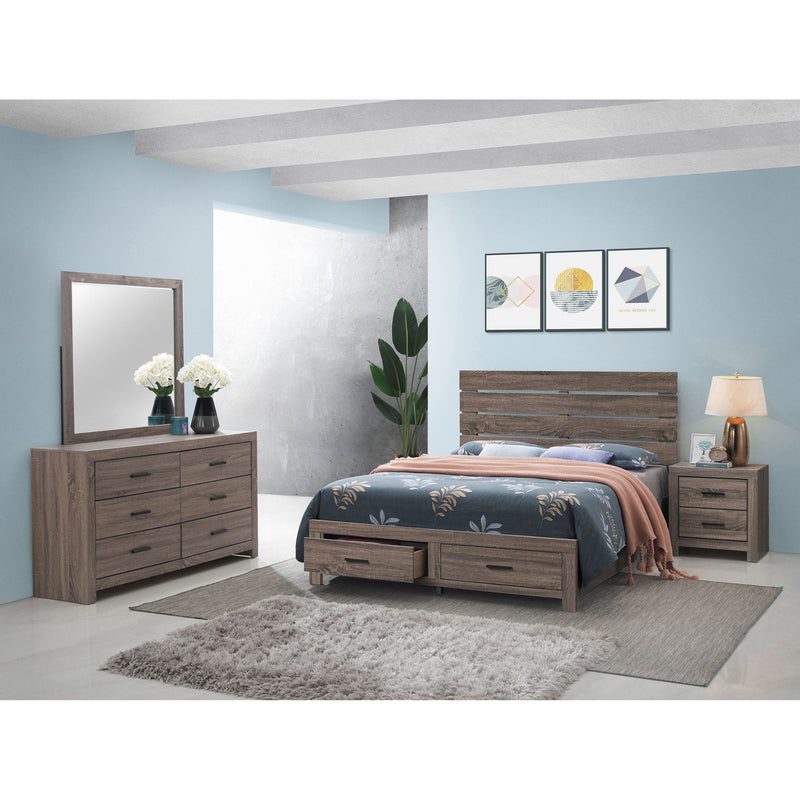 Bedroom set with dark brown platform bed, dresser, nightstand, and wall mirror