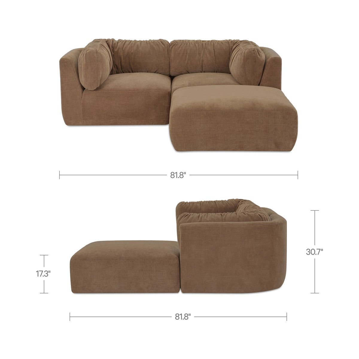 Taupe modular sectional sofa with chaise; dimension panel shows 81.8 in width