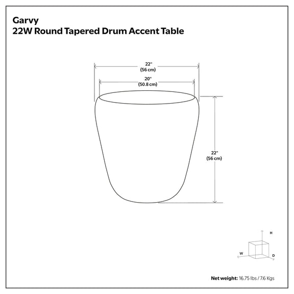 Garvy 22in round tapered drum accent table dimensions diagram, overall 22" tall, 20" wide.