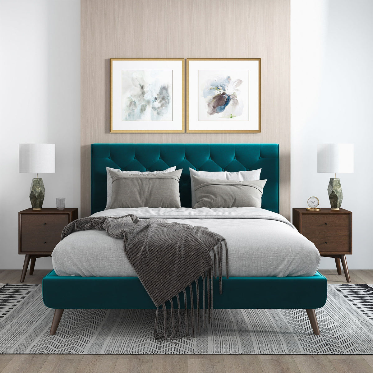 Dillon platform bed with teal frame, tufted headboard, and gray bedding