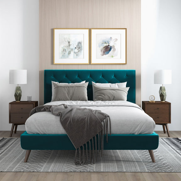 Dillon platform bed with teal frame, tufted headboard, and gray bedding