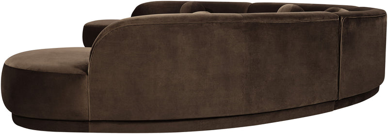 Dark brown velvet performance sectional sofa with rounded cushions and chaise seating