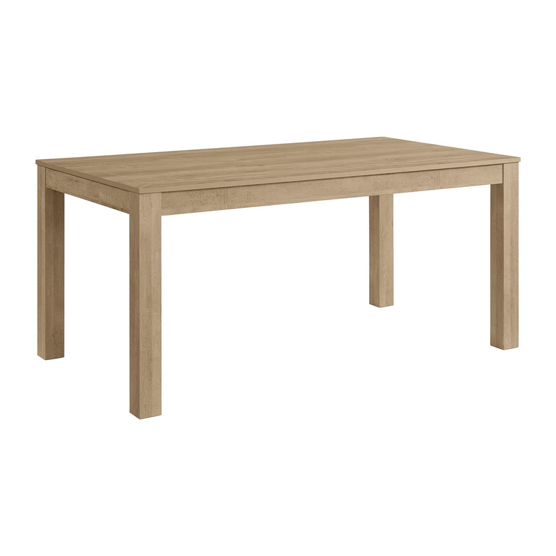 Rectangular dining table with light brown wood-look finish and tapered legs