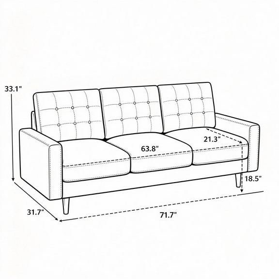 Front dimension diagram of a three-seat tufted sofa showing seat and overall measurements