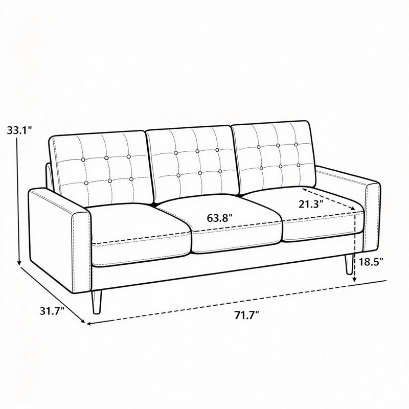 Front dimension diagram of a three-seat tufted sofa showing seat and overall measurements