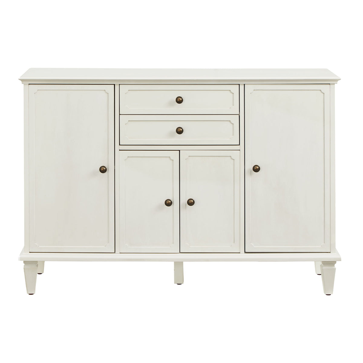 White sideboard cabinet with four paneled doors, two drawers and tapered legs