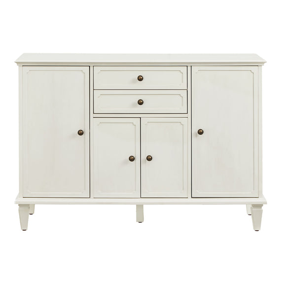 White sideboard cabinet with four paneled doors, two drawers and tapered legs