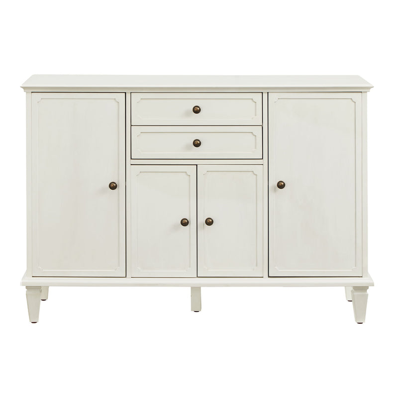 White sideboard cabinet with four paneled doors, two drawers and tapered legs