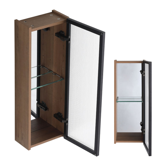 Bathroom wall mirror cabinet with open door, oak finish, adjustable glass shelf