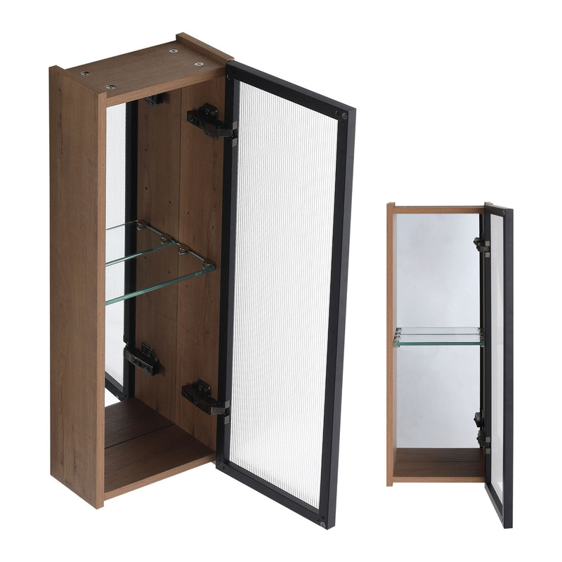 Bathroom wall mirror cabinet with open door, oak finish, adjustable glass shelf