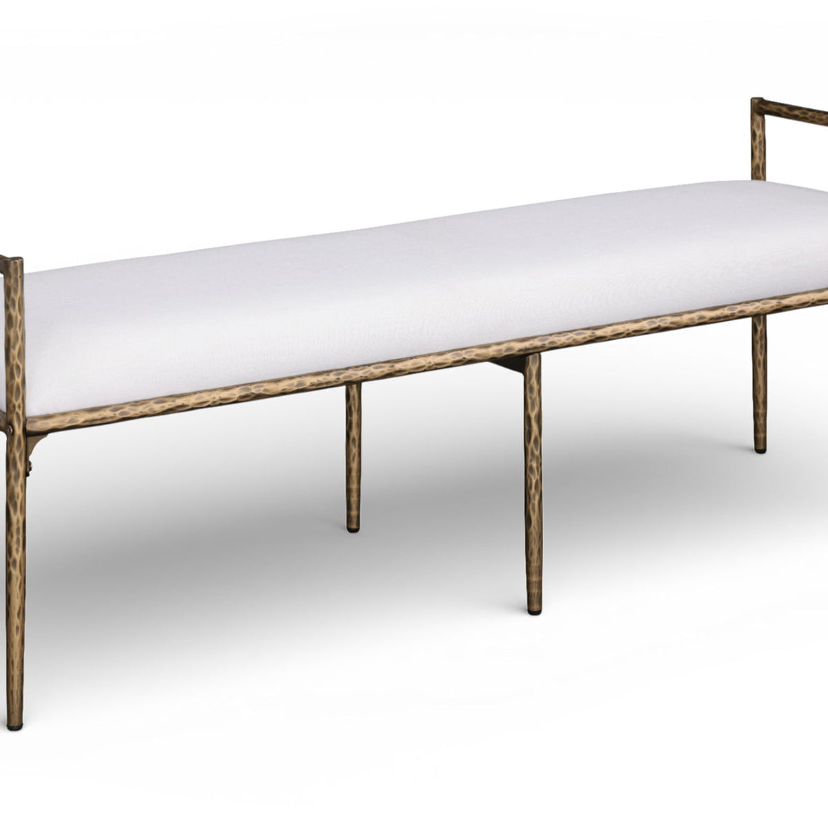 Upholstered bench with bronze metal frame and light cream linen-textured cushion