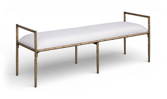 Upholstered bench with bronze metal frame and light cream linen-textured cushion