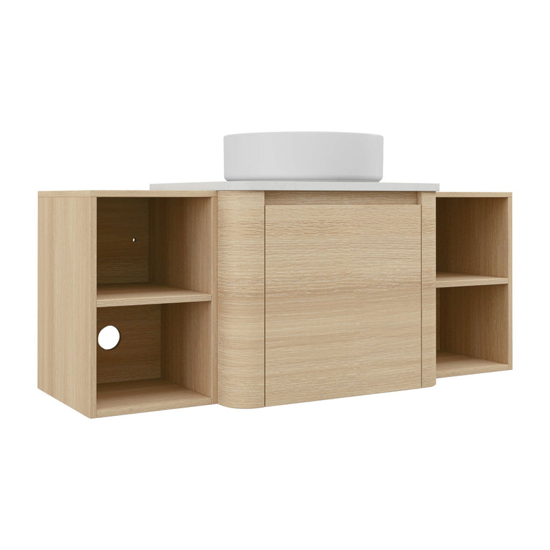 Mounted bathroom vanity with white countertop, round white sink, 2 open shelves