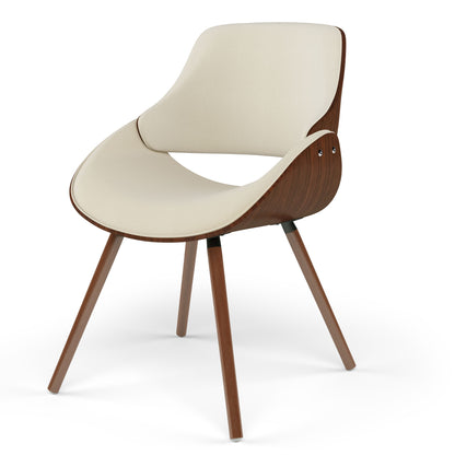White cushioned dining chair with curved back and dark wood bentwood arms