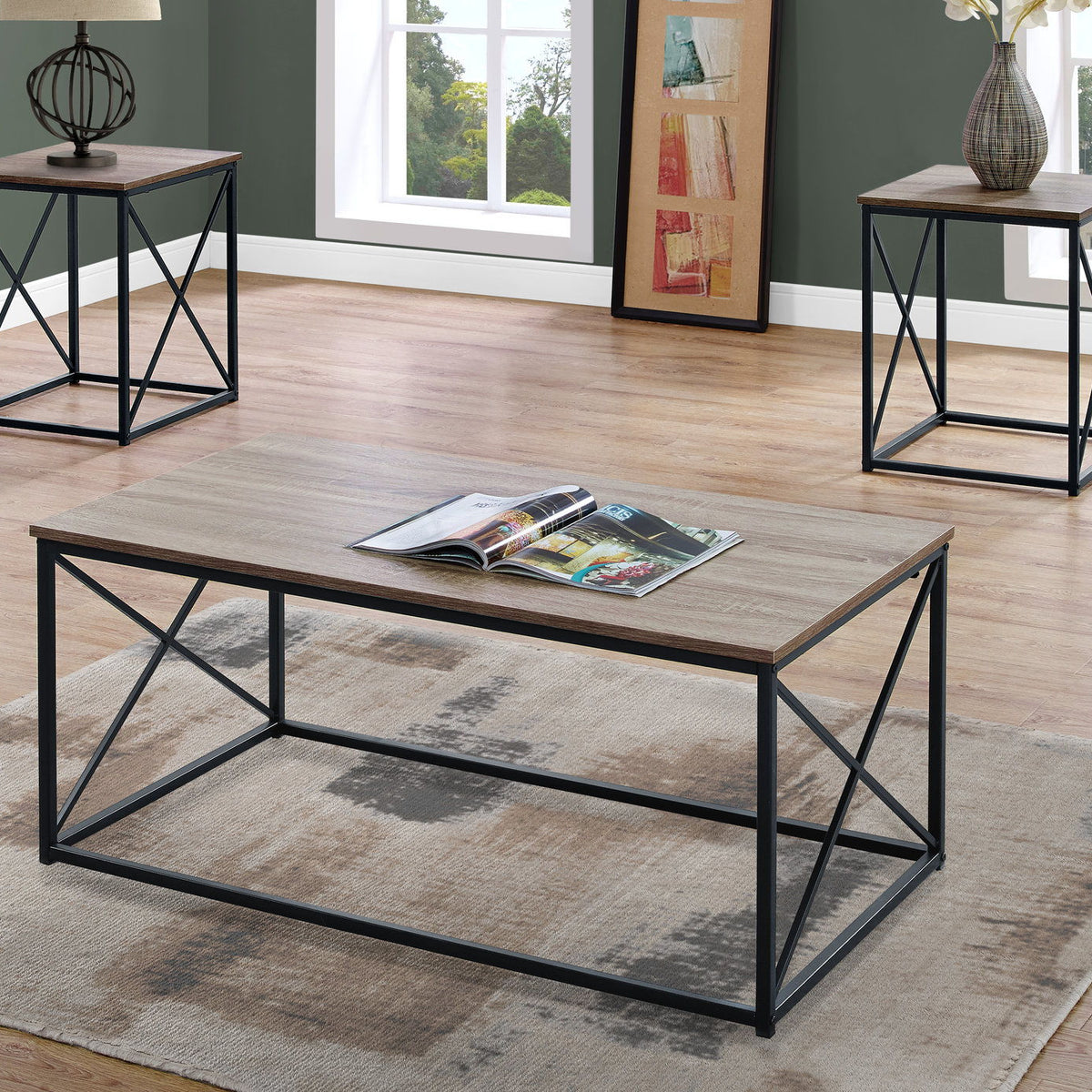 3 Pieces Table Set, Coffee, End, Side, Accent - Brown / Black