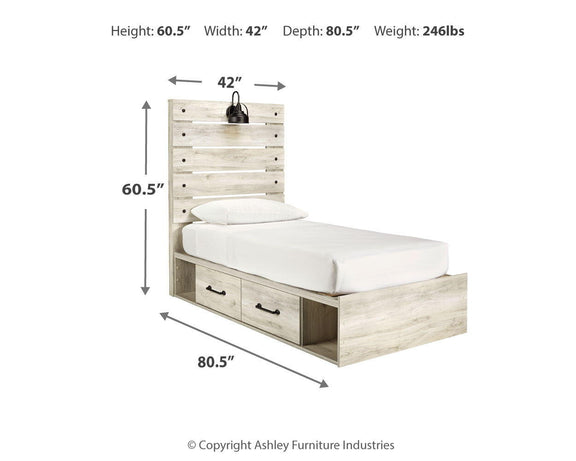 Cambeck panel bed with light wood frame, white mattress, and two front drawers
