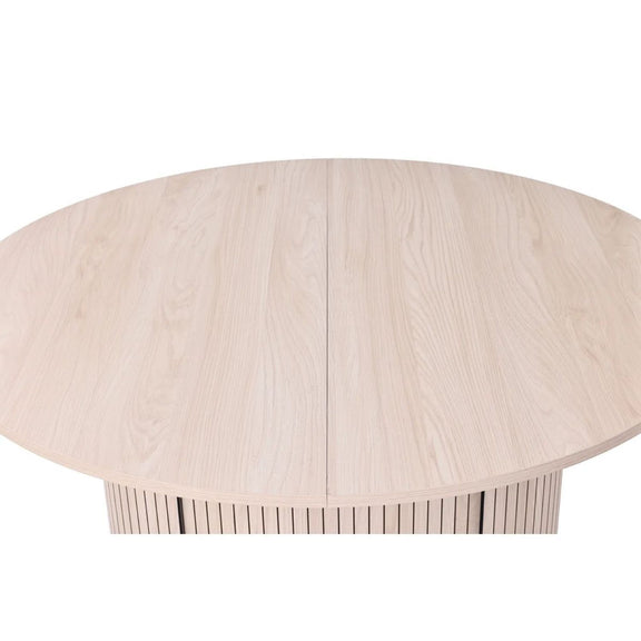 Round extendable table top in light ivory wood grain, with center seam