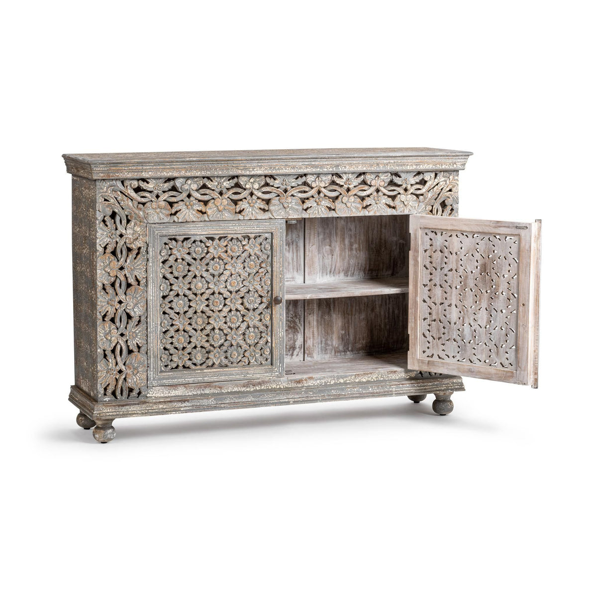 Two-door sideboard with open shelves and carved front doors, gray distressed finish