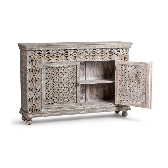 Two-door sideboard with open shelves and carved front doors, gray distressed finish