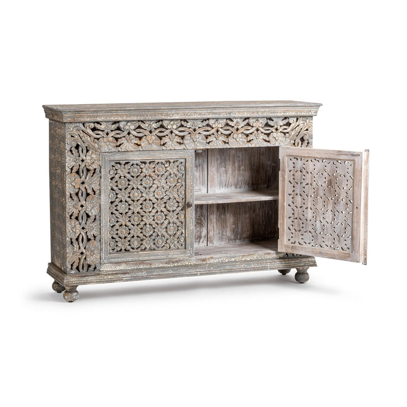 Two-door sideboard with open shelves and carved front doors, gray distressed finish