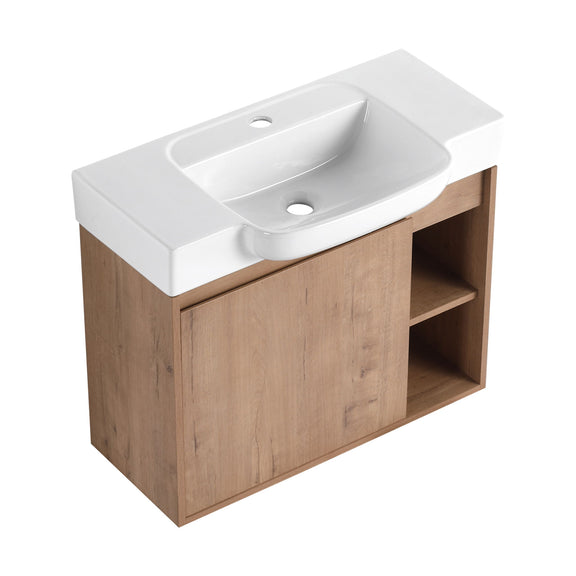 Bathroom vanity with dark wood cabinet, white sink top, and open storage shelf