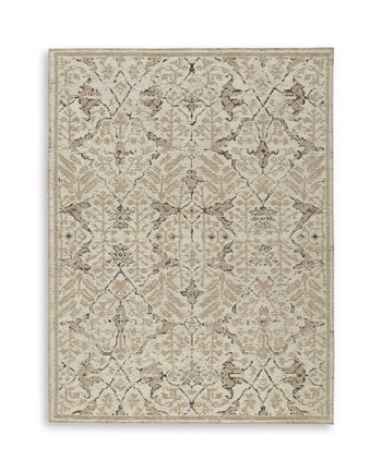 Area rug in light brown with repeating geometric damask pattern