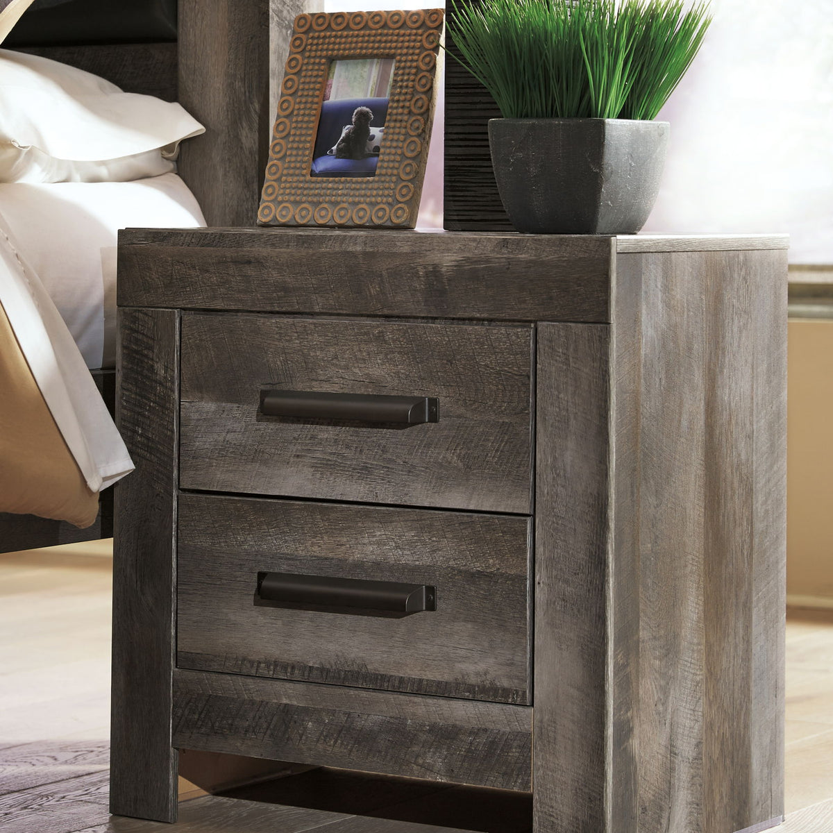 Gray two-drawer night stand with woodgrain finish and bar drawer pulls