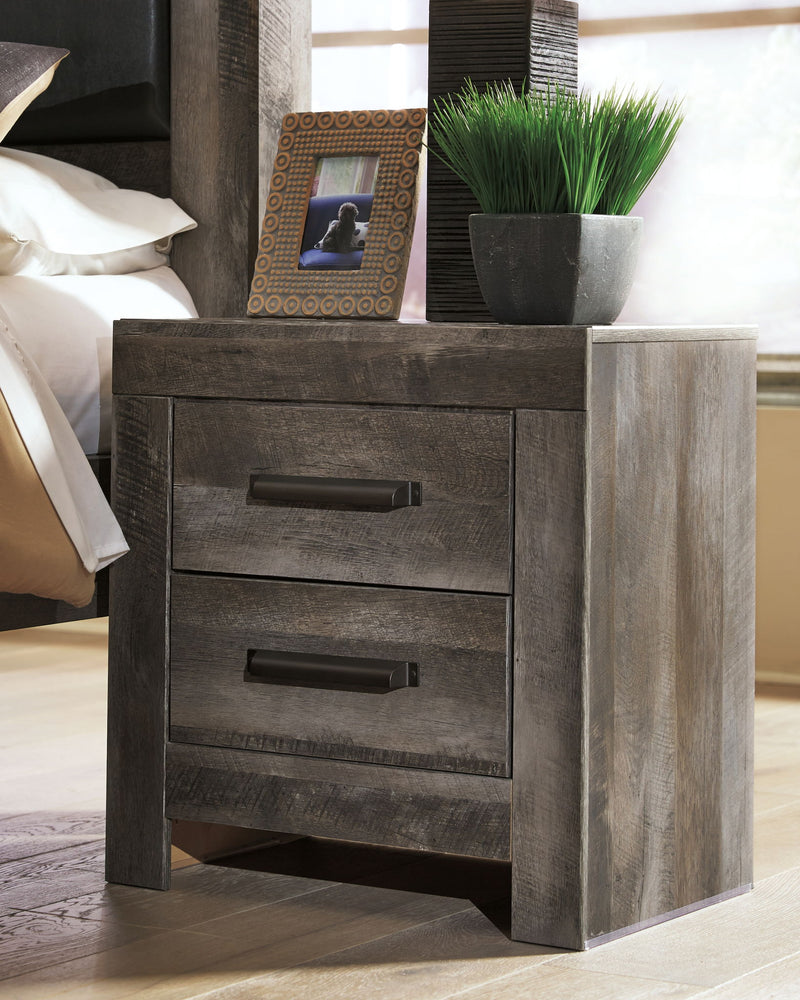 Gray two-drawer night stand with woodgrain finish and bar drawer pulls