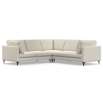 Beige corner sectional sofa with tufted cushions and angled mid-century legs