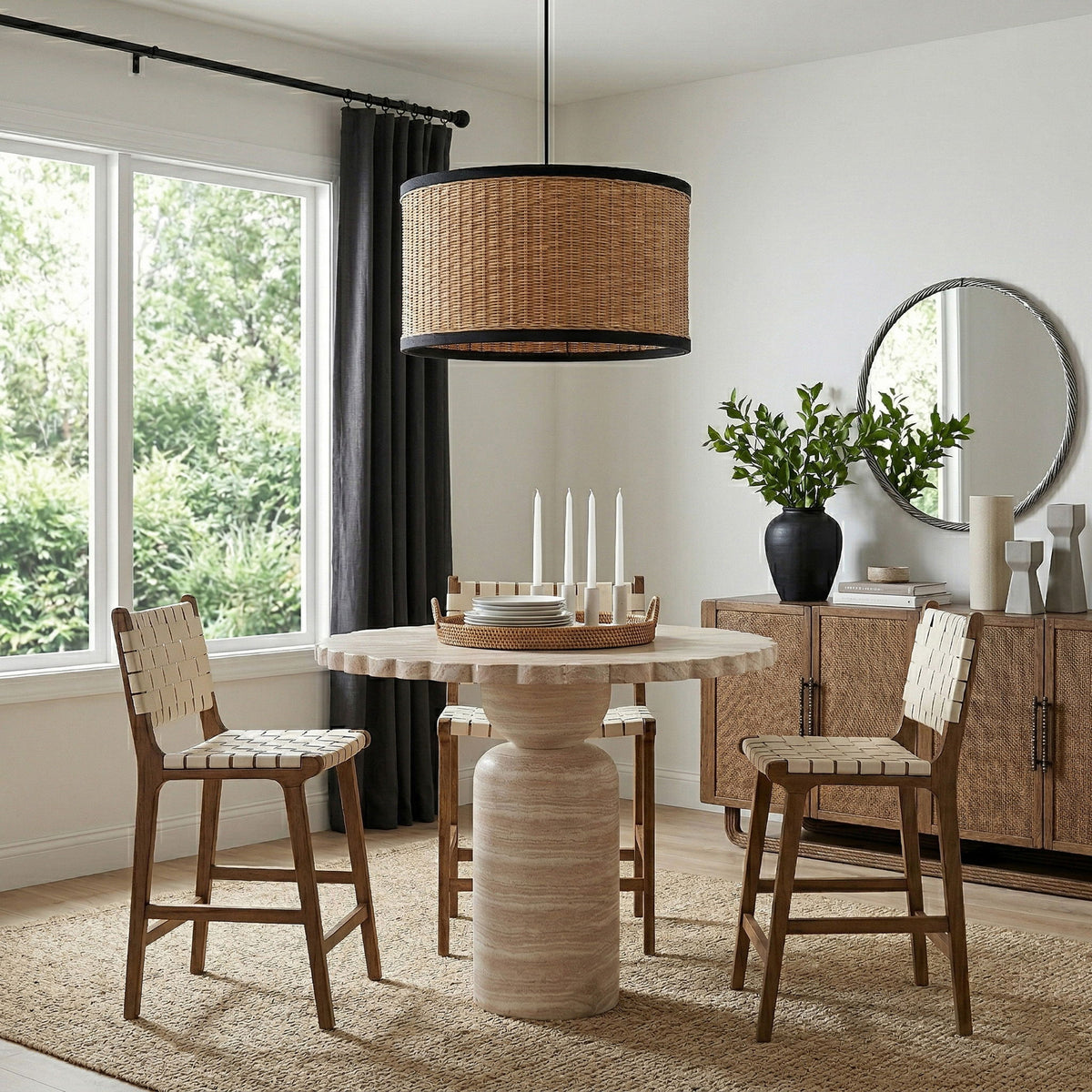 Indoor/outdoor table with round woodgrain top and pedestal base