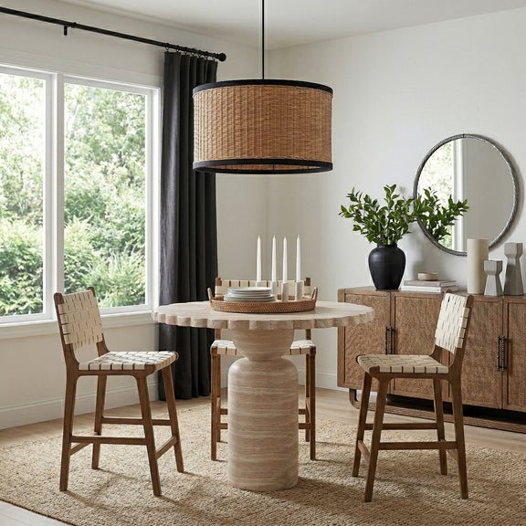 Indoor/outdoor table with round woodgrain top and pedestal base