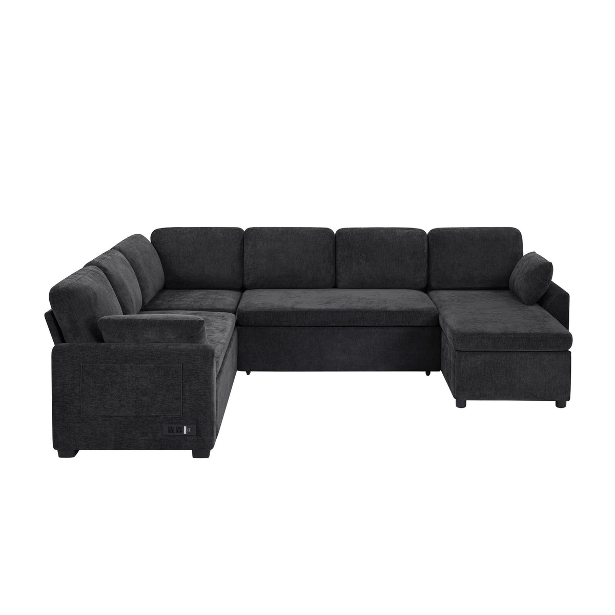 Sectional sofa bed with reversible chaise in dark gray, corner U-shape with ottoman end