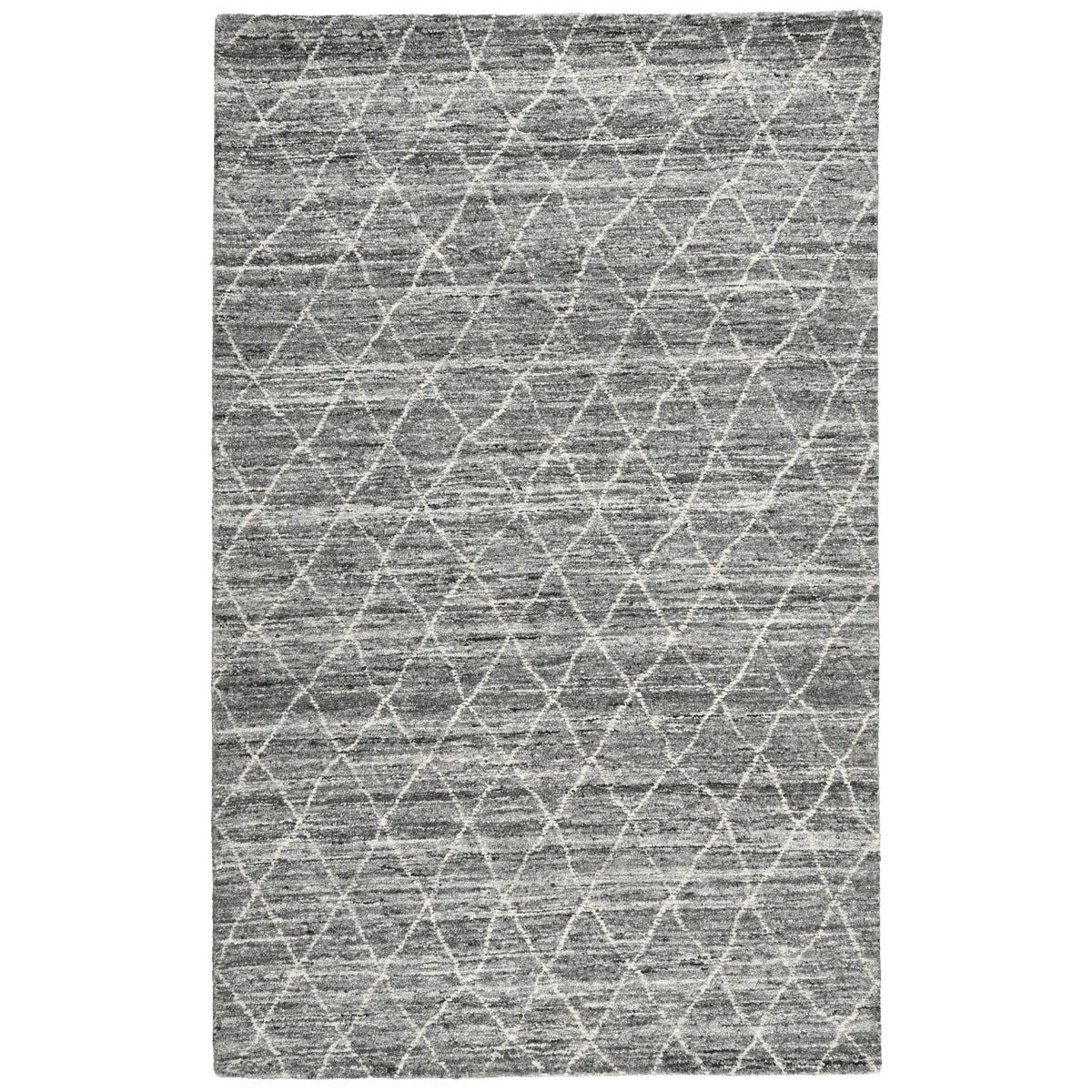 Gray rug with repeating diamond lattice pattern in lighter threads