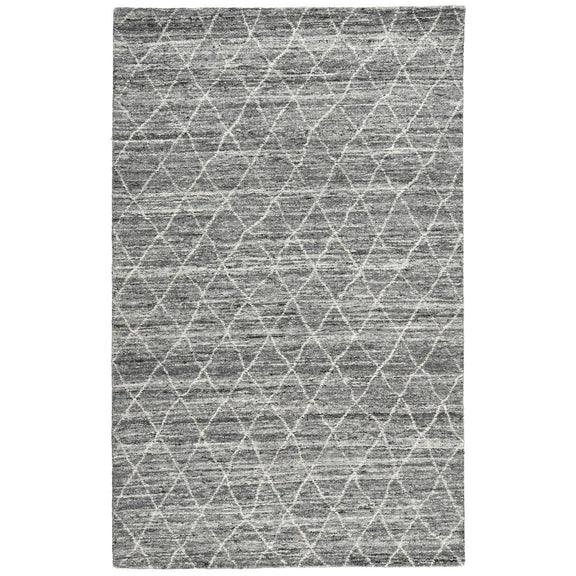 Gray rug with repeating diamond lattice pattern in lighter threads