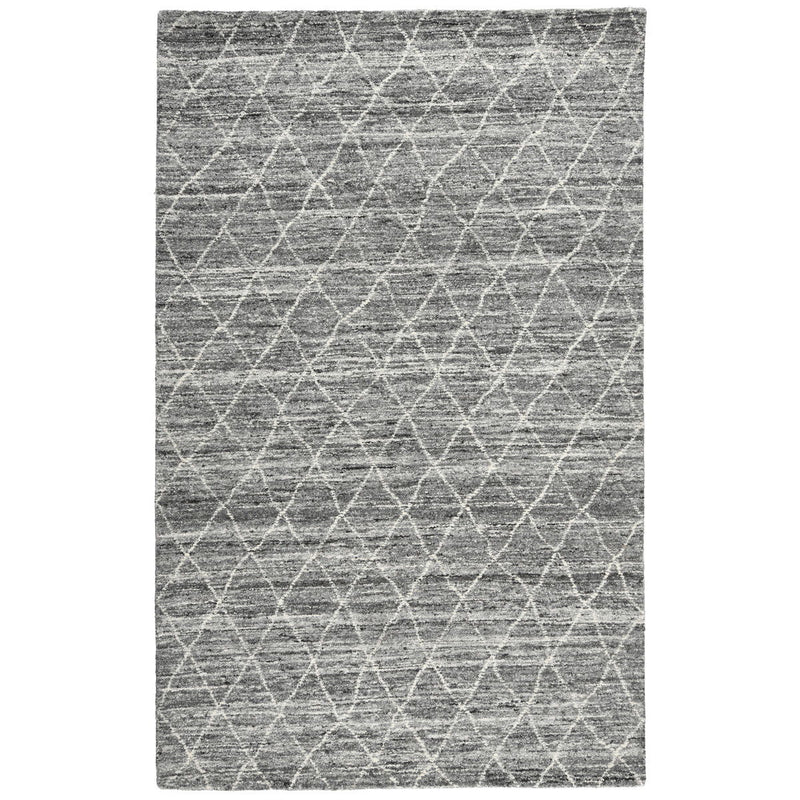 Gray rug with repeating diamond lattice pattern in lighter threads