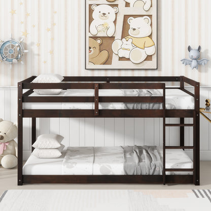 Solid Wooden, Solid Rubber Wooden Twin over Twin Floor Bunk Bed with Ladder, with Bed Platform of Strengthened Slats, Espresso