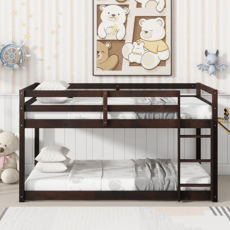 Solid Wooden, Solid Rubber Wooden Twin over Twin Floor Bunk Bed with Ladder, with Bed Platform of Strengthened Slats, Espresso